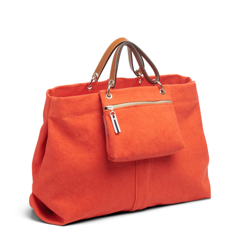 pochette yole en coton corail accrochee à un sac canotage large corail
