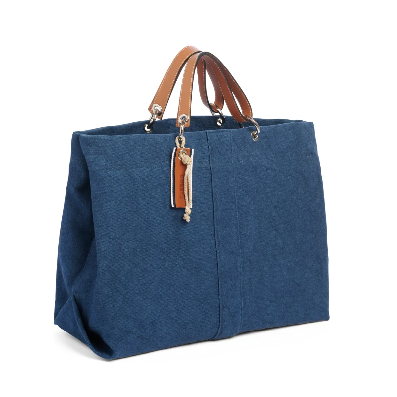 sac modulable en coton bleu canard, pour le week-end, avec des anses en cuir naturel