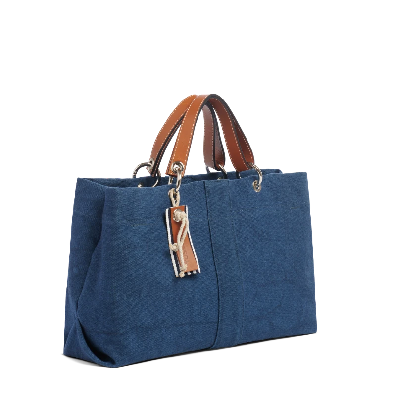 sac de ville modulable en coton bleu canard et ses anses en cuir naturel