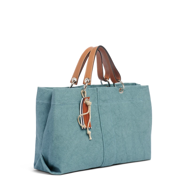 sac de ville modulable en coton bleu français avec des anses en cuir naturel