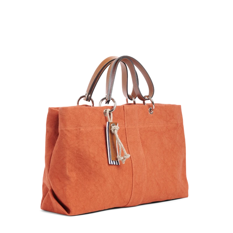 sac de ville modulable en coton brique avec des anses en cuir naturel