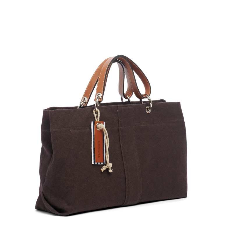 sac de ville modulable en coton chocolat et ses anses en cuir naturel