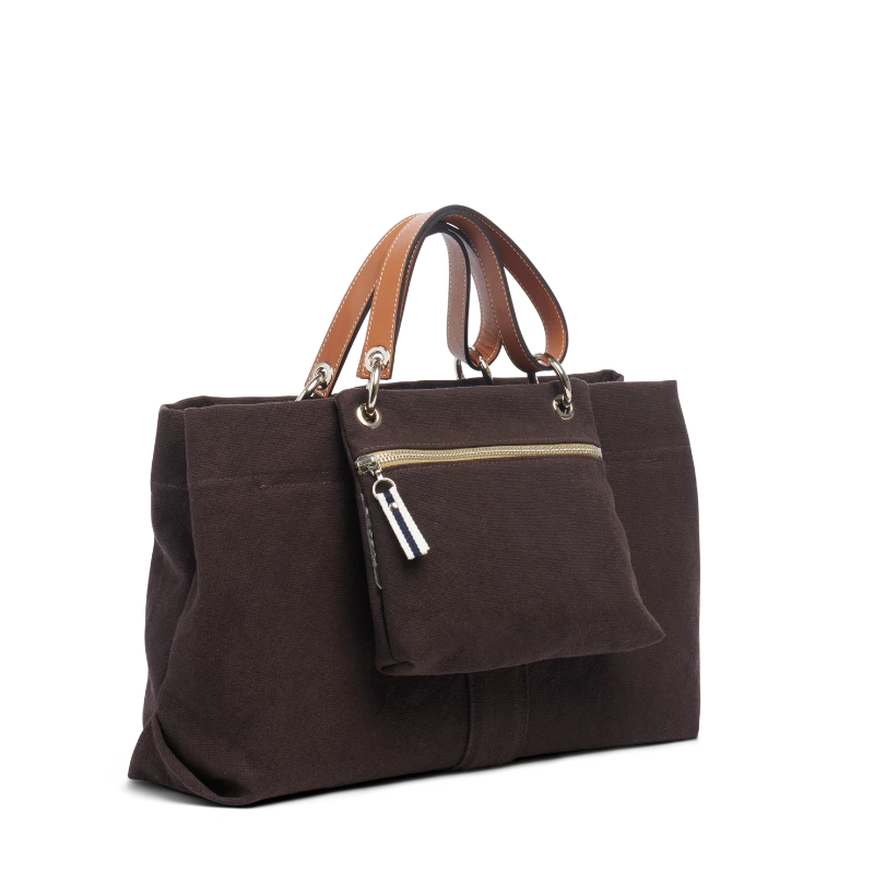 sac de ville modulable en coton chocolat et ses anses en cuir naturel  et sa pochette yole chocolat