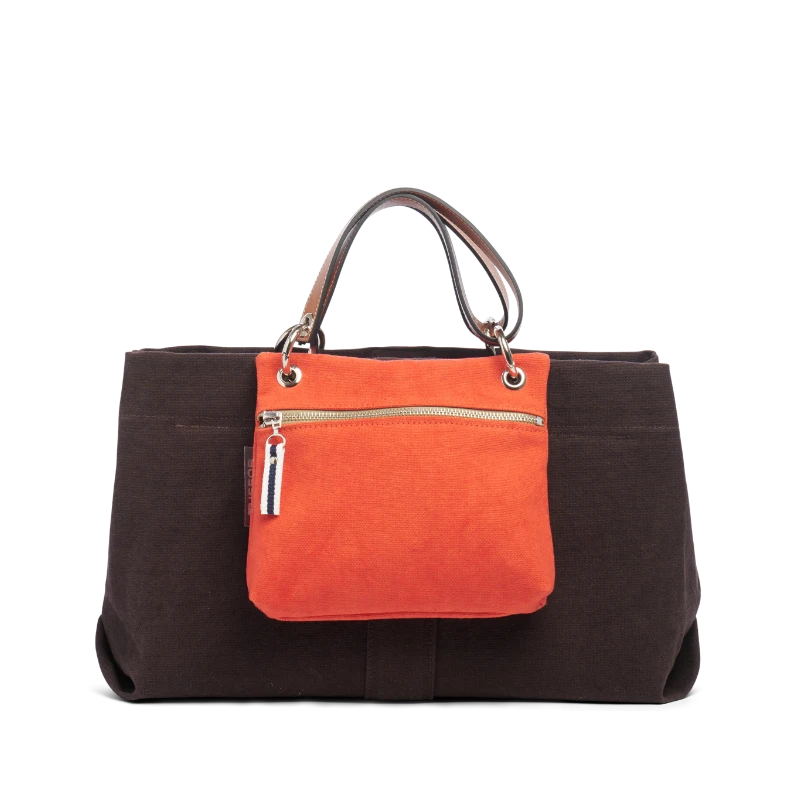 sac de ville modulable en coton chocolat et ses anses en cuir naturel  et sa pochette yole taupe