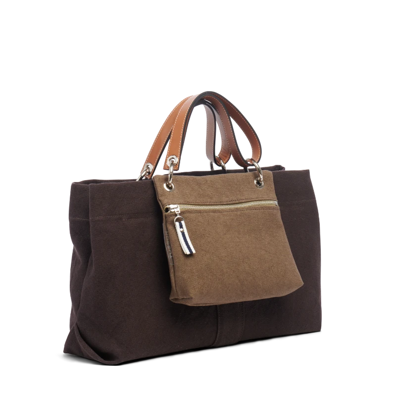 sac de ville modulable en coton chocolat et ses anses en cuir naturel et sa pochette yole corail