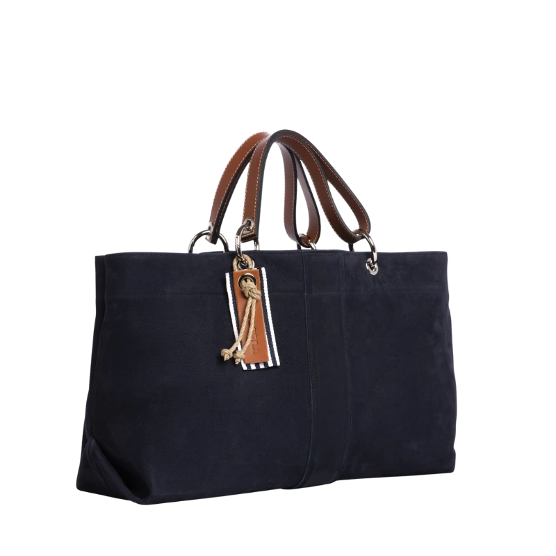 sac de ville modulable en cuir nubuck veau bleu marine avec des anses en cuir naturel