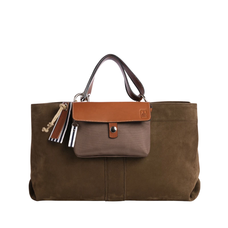 sac de ville modulable en cuir nubuck veau kaki avec des anses en cuir naturel