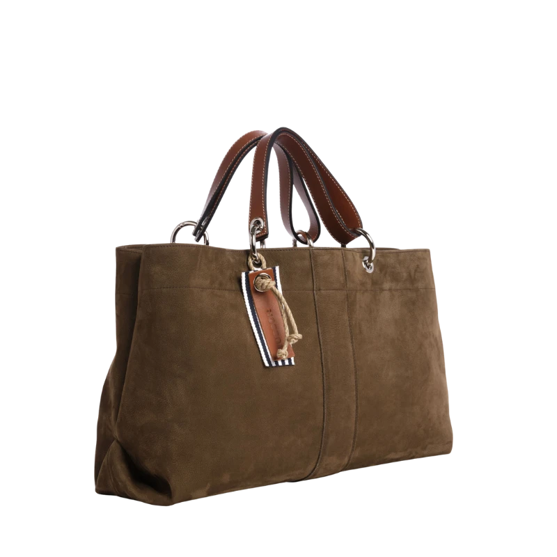 sac de ville modulable en cuir nubuck veau kaki avec des anses en cuir naturel