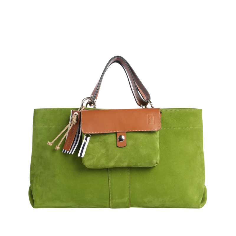 sac de ville modulable en cuir nubuck veau vert prairie avec des anses en cuir naturel