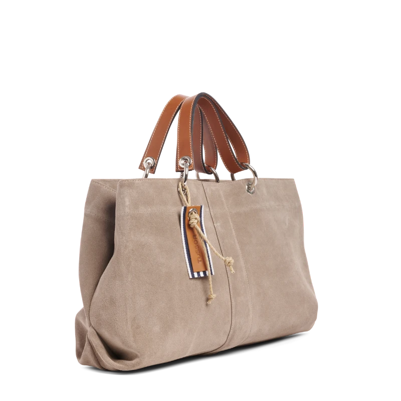 sac de ville modulable en cuir vachette velours galet avec des anses en cuir naturel
