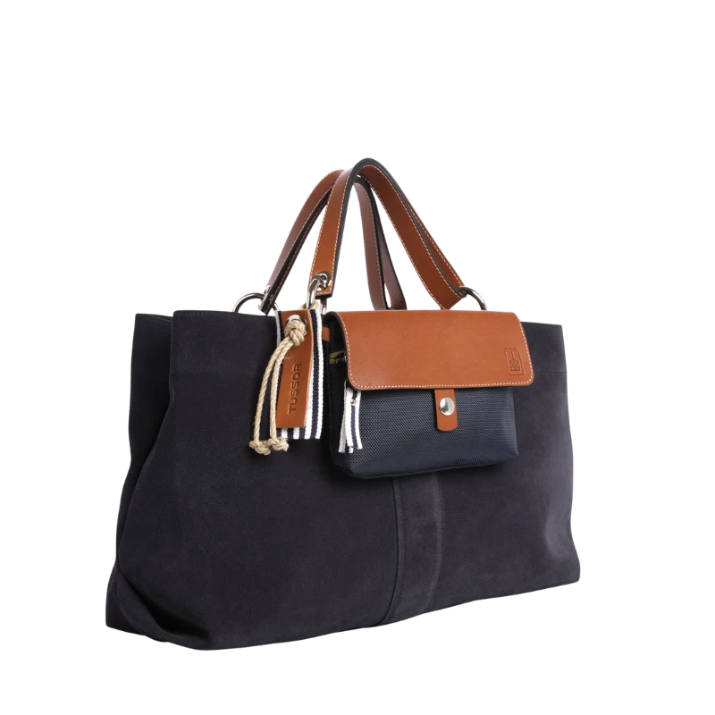 sac de ville modulable en cuir vachette velours bleu marine avec des anses en cuir naturel