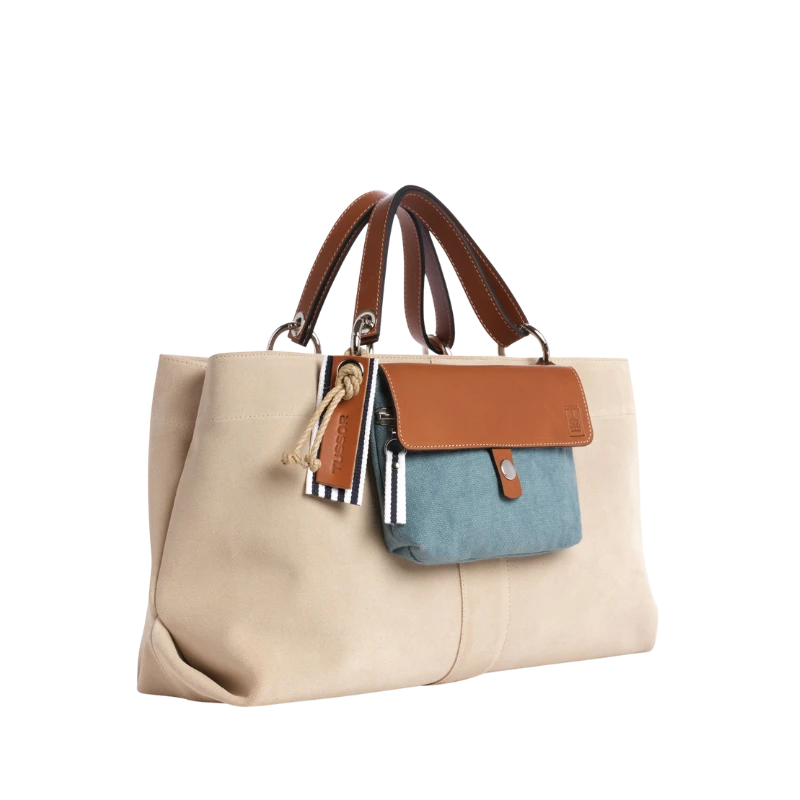 sac de ville modulable en cuir vachette velours grège avec des anses en cuir naturel