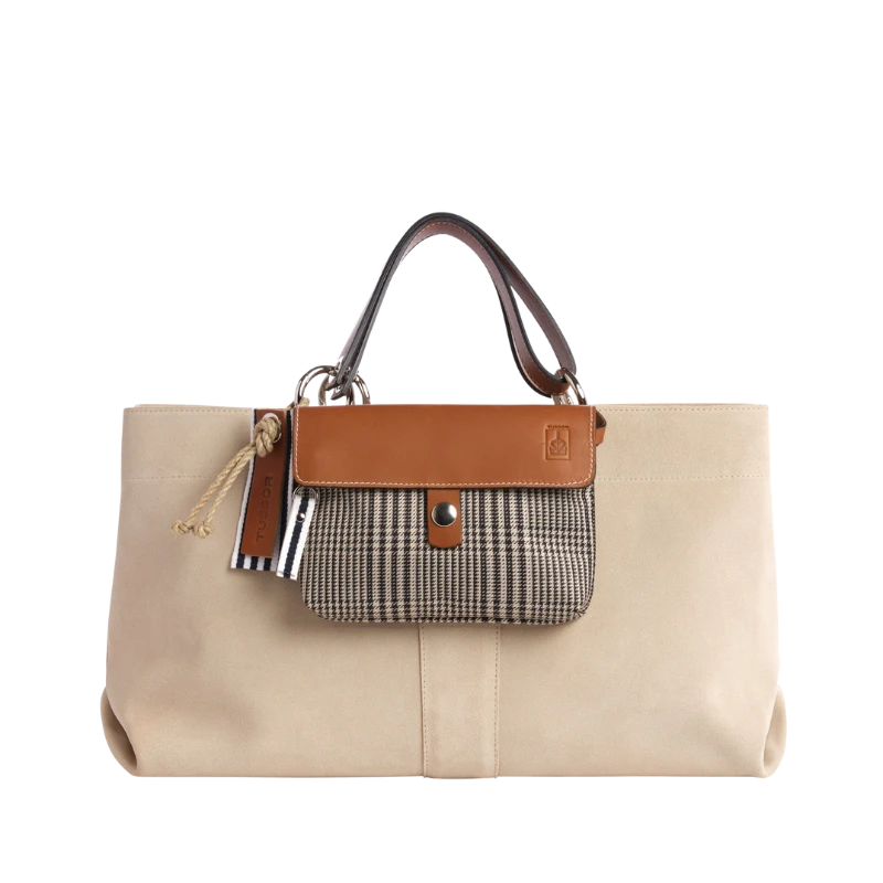 sac de ville modulable en cuir vachette velours grège avec des anses en cuir naturel