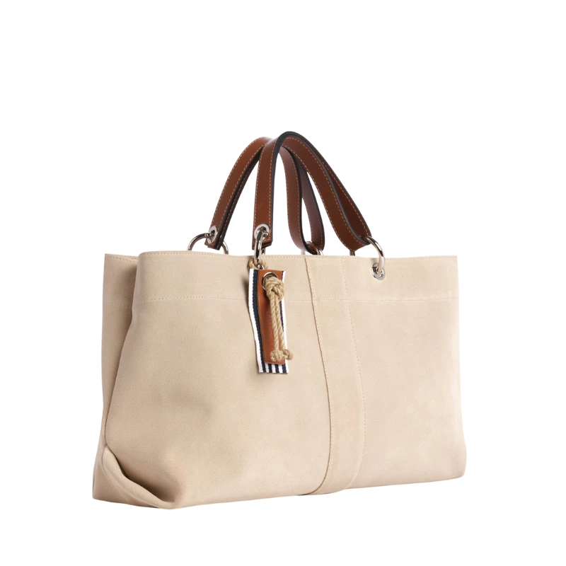 sac de ville modulable en cuir vachette velours grège avec des anses en cuir naturel