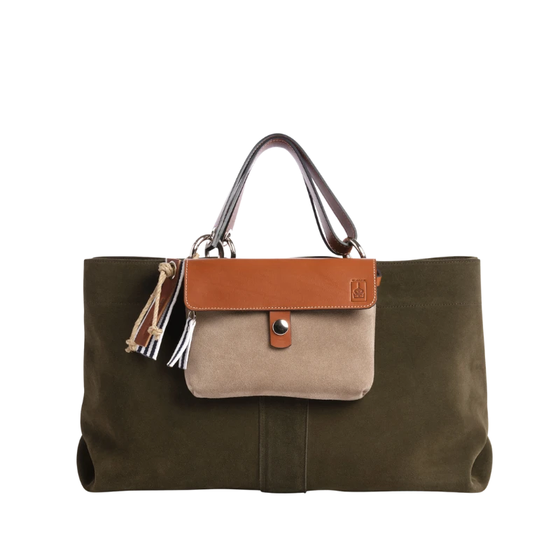 sac de ville modulable en cuir vachette velours Kaki avec des anses en cuir naturel