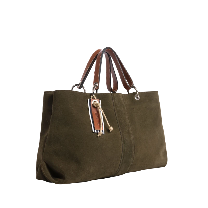 sac de ville modulable en cuir vachette velours Kaki avec des anses en cuir naturel