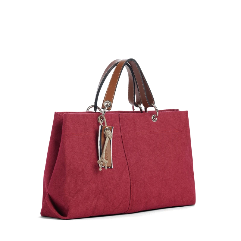 sac de ville modulable en chanvre et lin framboise avec des anses en cuir naturel