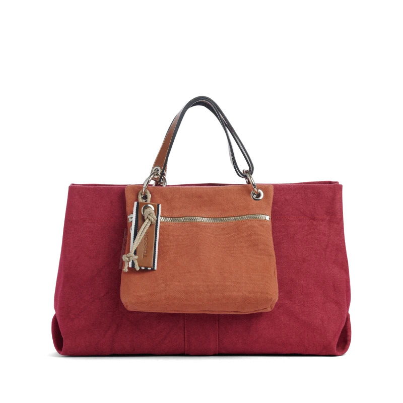 sac de ville modulable en chanvre et lin framboise avec des anses en cuir naturel et sa pochette yole en coton brique
