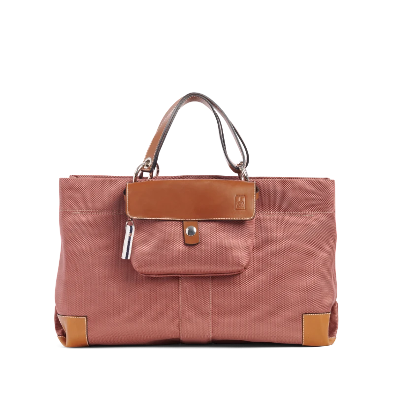 sac de ville modulable en polyester givre bois de rose avec des anses en cuir et sa pochette mobile bois de rose