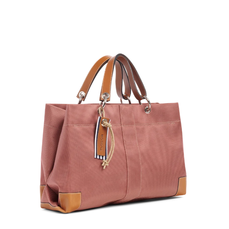 sac de ville modulable en polyester givre bois de rose avec des anses en cuir