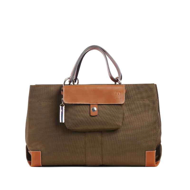 sac de ville modulable en polyester givre kaki avec des anses en cuir naturel et sa pochette mobile givre kaki