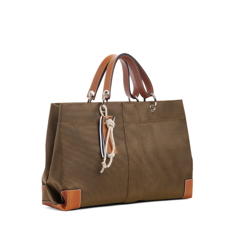 sac de ville modulable en polyester givre kaki avec des anses en cuir naturel