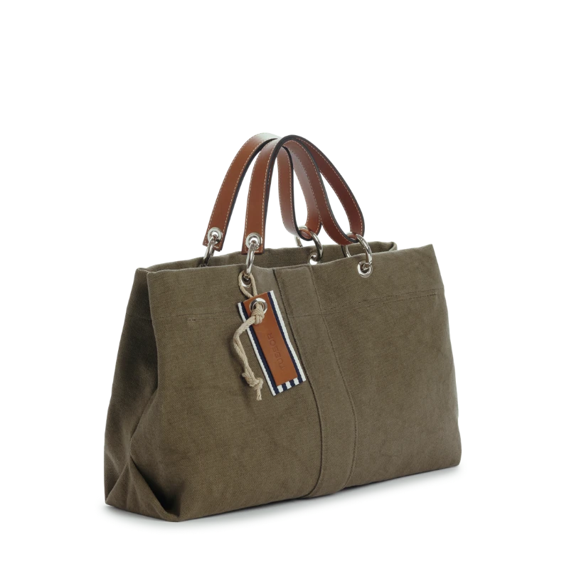 sac de ville modulable en coton kaki avec des anses en cuir naturel