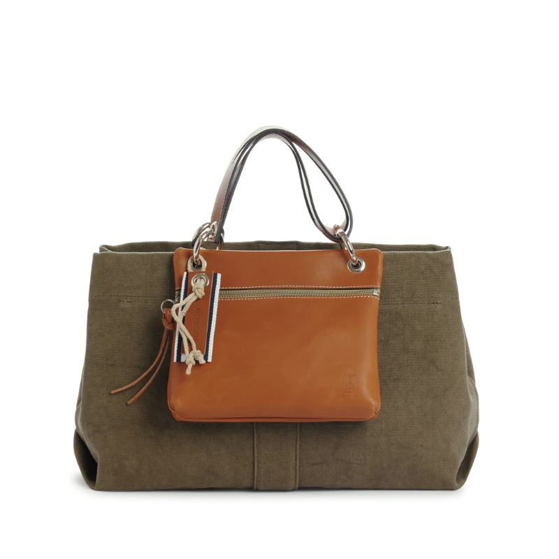 sac de ville modulable en coton kaki avec des anses en cuir naturel et sa pochette yole cuir gold