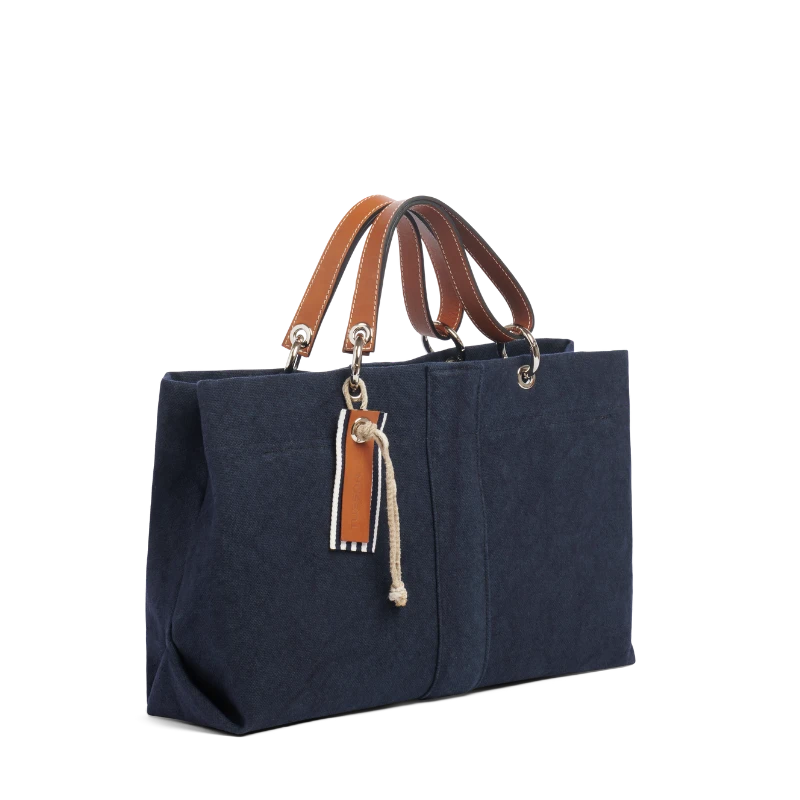 sac de ville modulable en coton marine avec des anses en cuir naturel