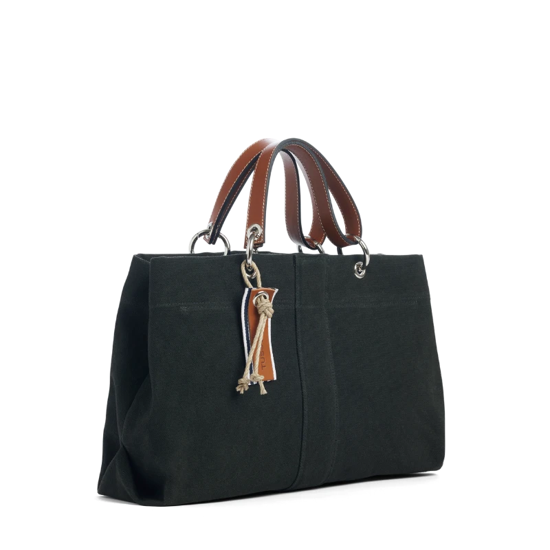 sac de ville modulable en coton noir avec des anses en cuir naturel