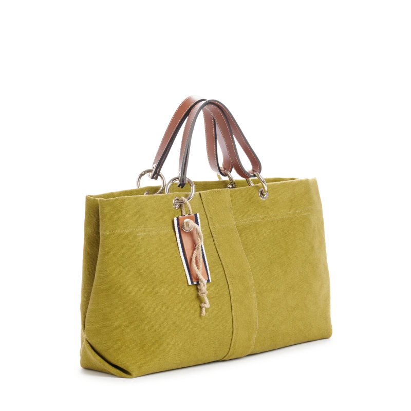 sac de ville modulable en coton olive et ses anses en cuir naturel