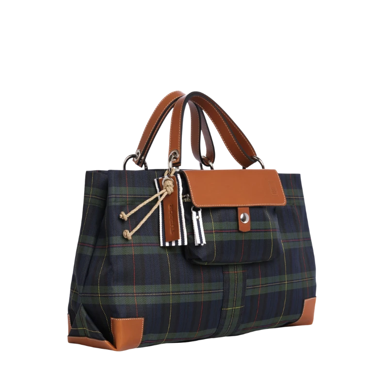 sac de ville modulable en polyester écossais marine avec des anses en cuir naturel