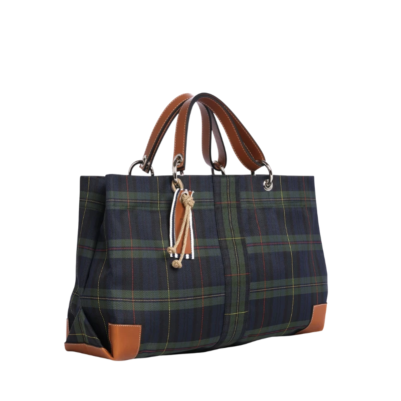 sac de ville modulable en polyester écossais marine avec des anses en cuir naturel