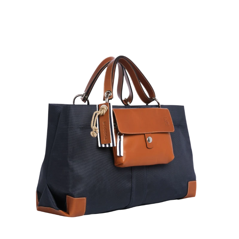 sac de ville modulable en polyester givré bleu marine avec des anses en cuir naturel