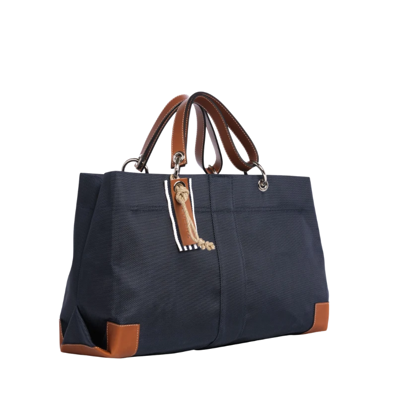 sac de ville modulable en polyester givré bleu marine avec des anses en cuir naturel
