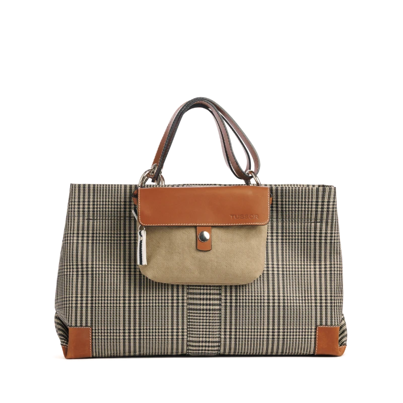 sac de ville modulable en polyester prince de Galles avec des anses en cuir naturel et ses pochettes yole taupe et grege