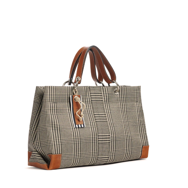 sac de ville modulable en polyester prince de Galles avec des anses en cuir naturel