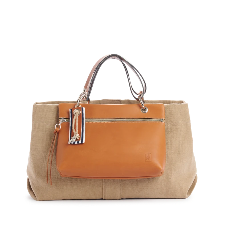 sac de ville modulable en coton sable avec des anses en cuir naturel et sa pochette yole prince de Galles