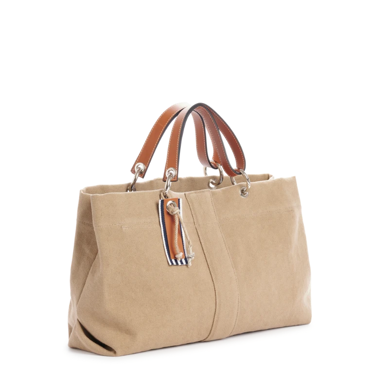 sac de ville modulable en coton sable avec des anses en cuir naturel