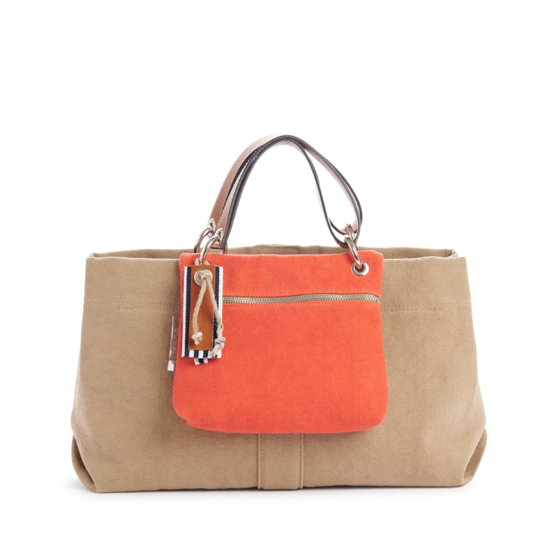sac de ville modulable en coton sable avec des anses en cuir naturel et sa pochette yole corail