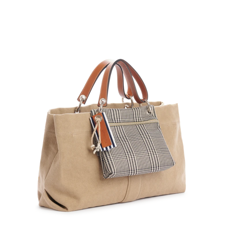 sac de ville modulable en coton sable avec des anses en cuir naturel et sa pochette equipier cuir gold