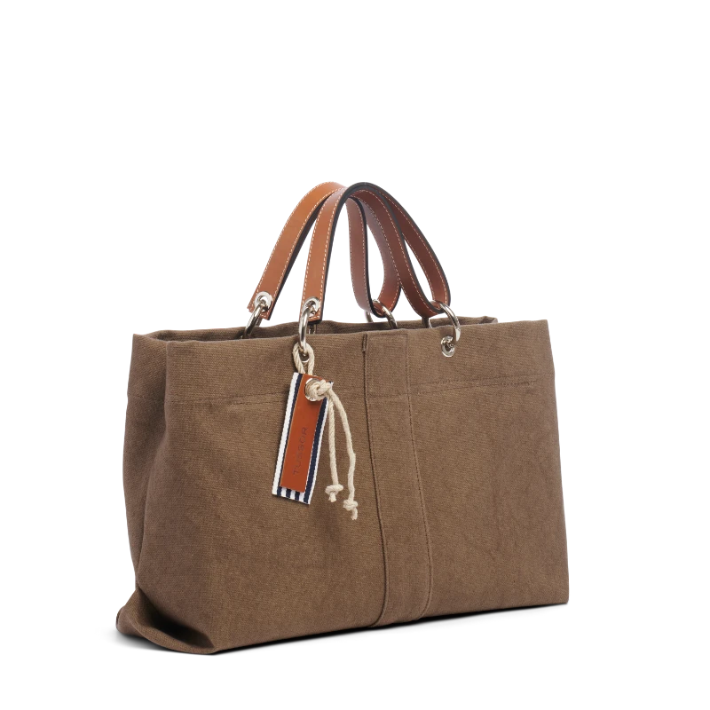 sac de ville modulable en coton taupe avec des anses en cuir naturel