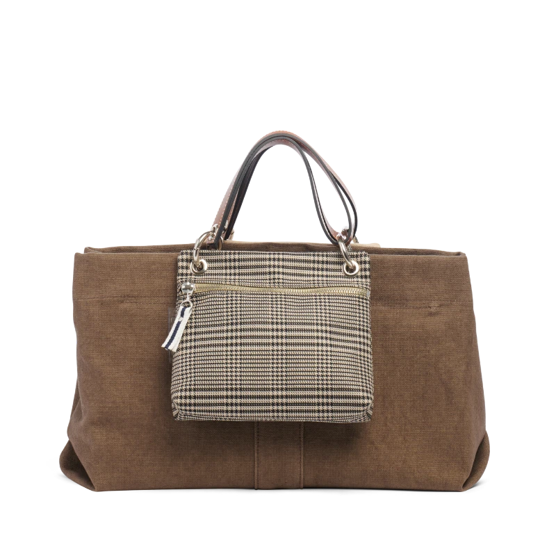 sac de ville modulable en coton taupe avec des anses en cuir naturel et ses pochettes yole grege, cuir gold, et prince de Galles