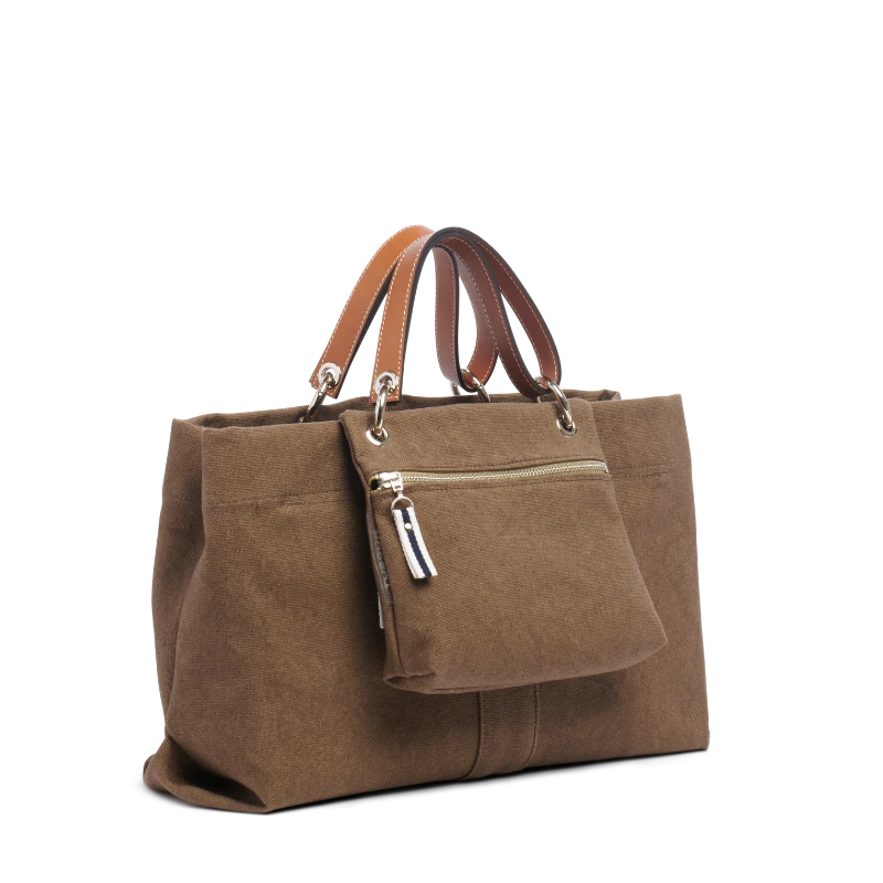 sac de ville modulable en coton taupe avec des anses en cuir naturel et sa pochette prince de Galles