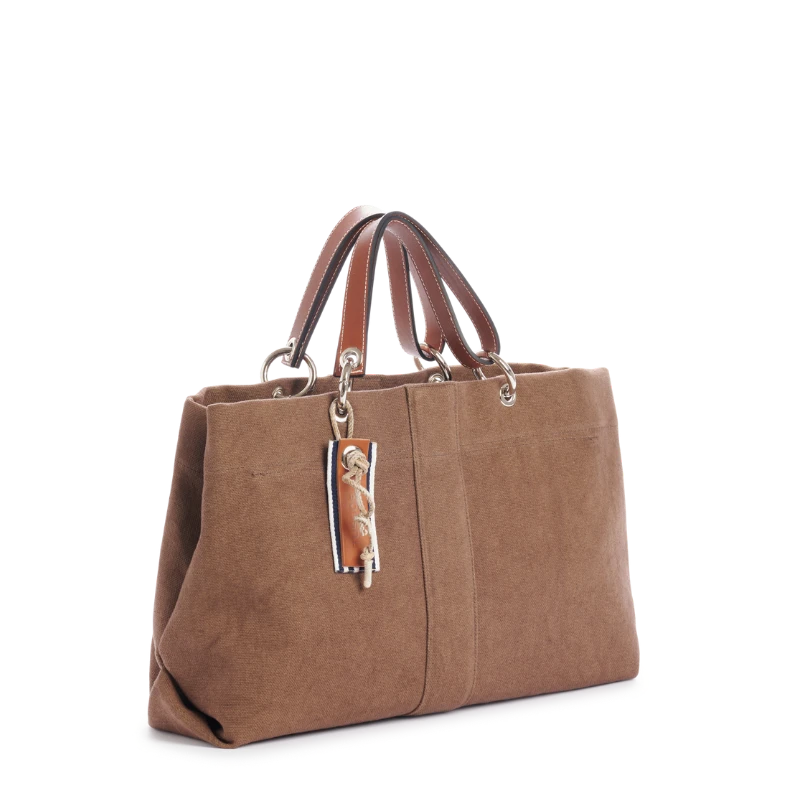sac de ville modulable en coton terre avec des anses en cuir naturel et sa pochette yole grege et sa pochette yole cuir gold
