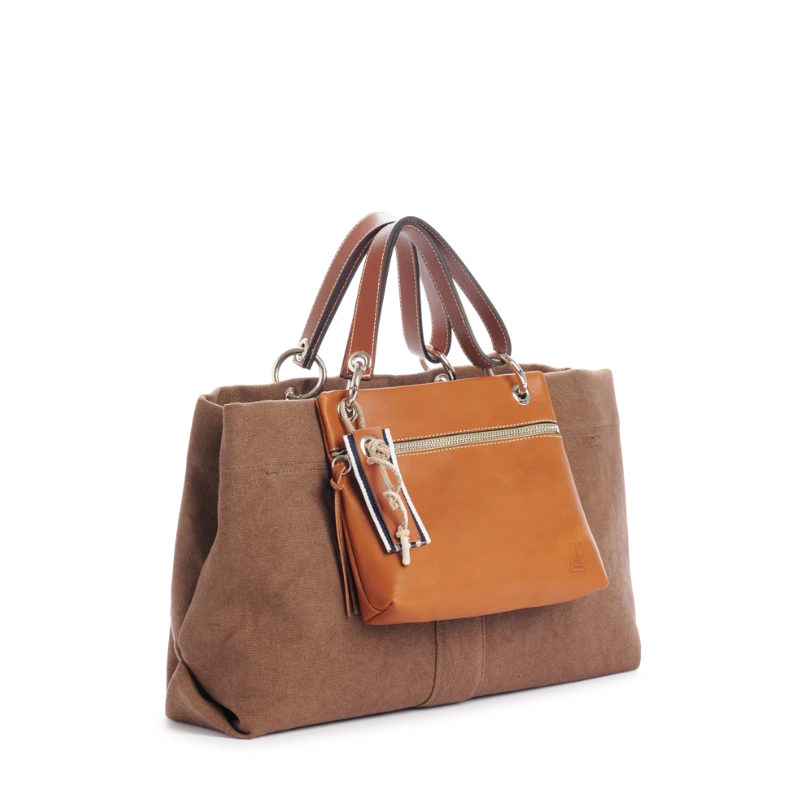 sac de ville modulable en coton terre avec des anses en cuir naturel et sa pochette yole grege