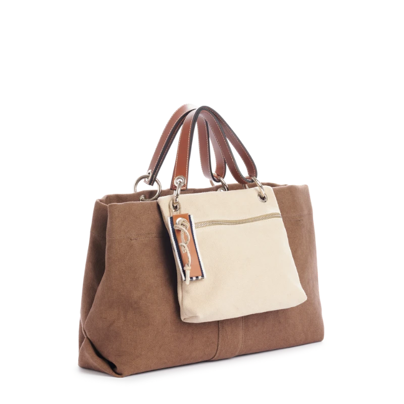 sac de ville modulable en coton terre avec des anses en cuir naturel et sa pochette yole cuir gold