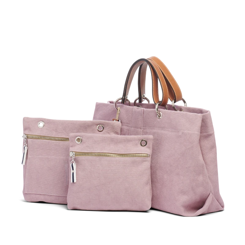 sac de ville modulable en coton vieux rose avec des anses en cuir naturel et ses pochettes equipier et yole vieux rose