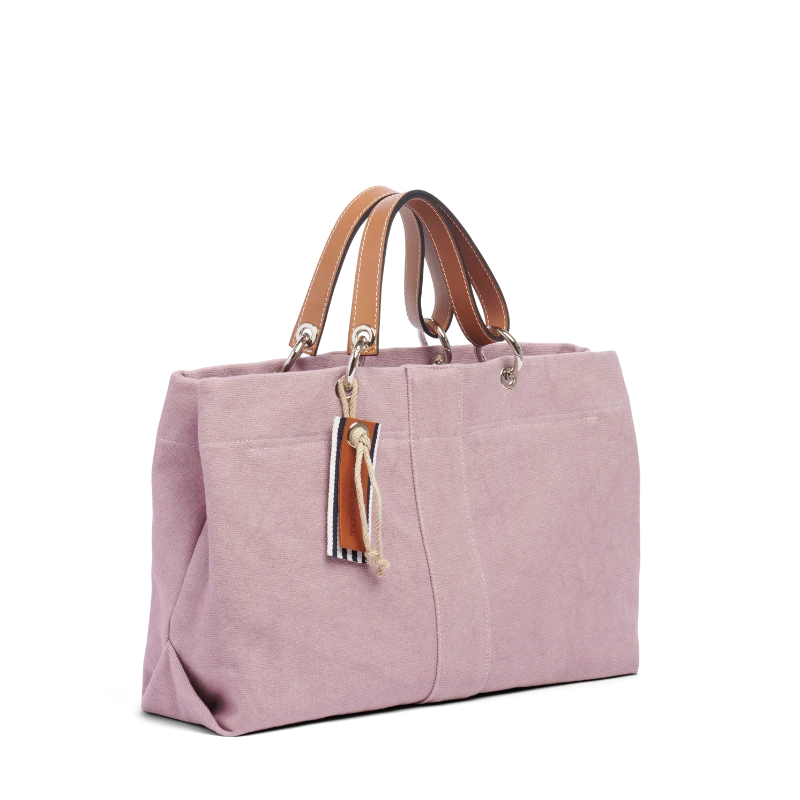sac de ville modulable en coton vieux rose avec des anses en cuir naturel