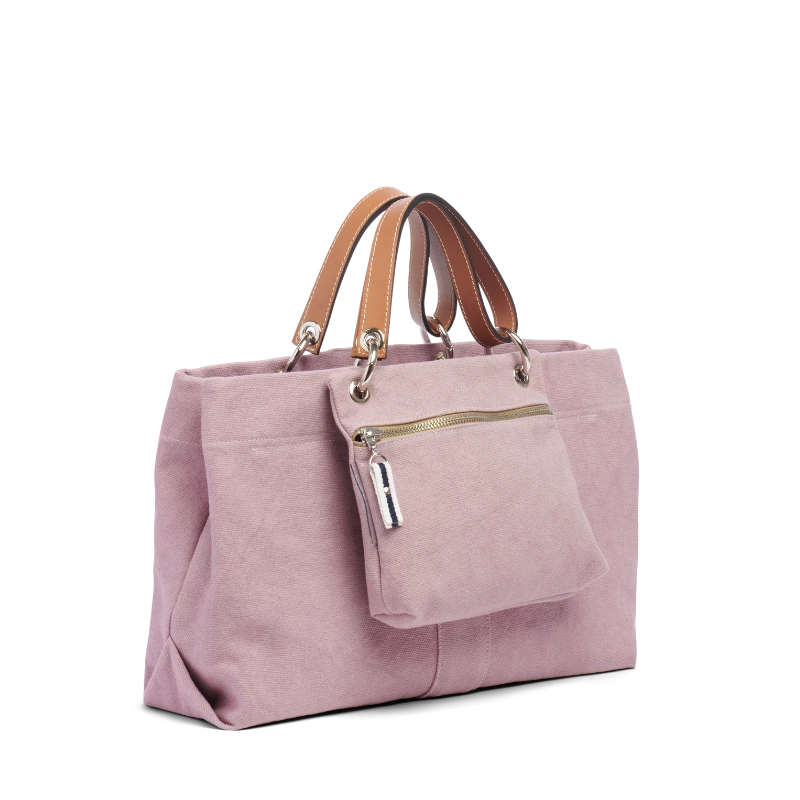 sac de ville modulable en coton vieux rose avec des anses en cuir naturel et sa pochette yole vieux rose